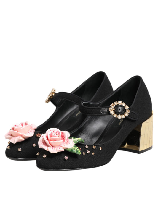 Dolce &amp; Gabbana – Schwarze Mary-Jane-Schuhe mit Blumen- und Kristallverzierung