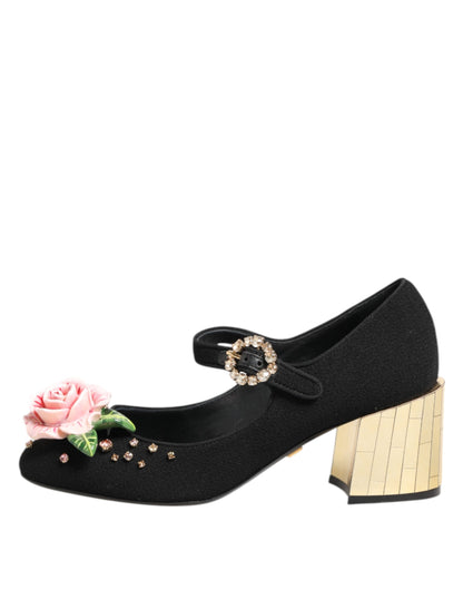 Dolce &amp; Gabbana – Schwarze Mary-Jane-Schuhe mit Blumen- und Kristallverzierung