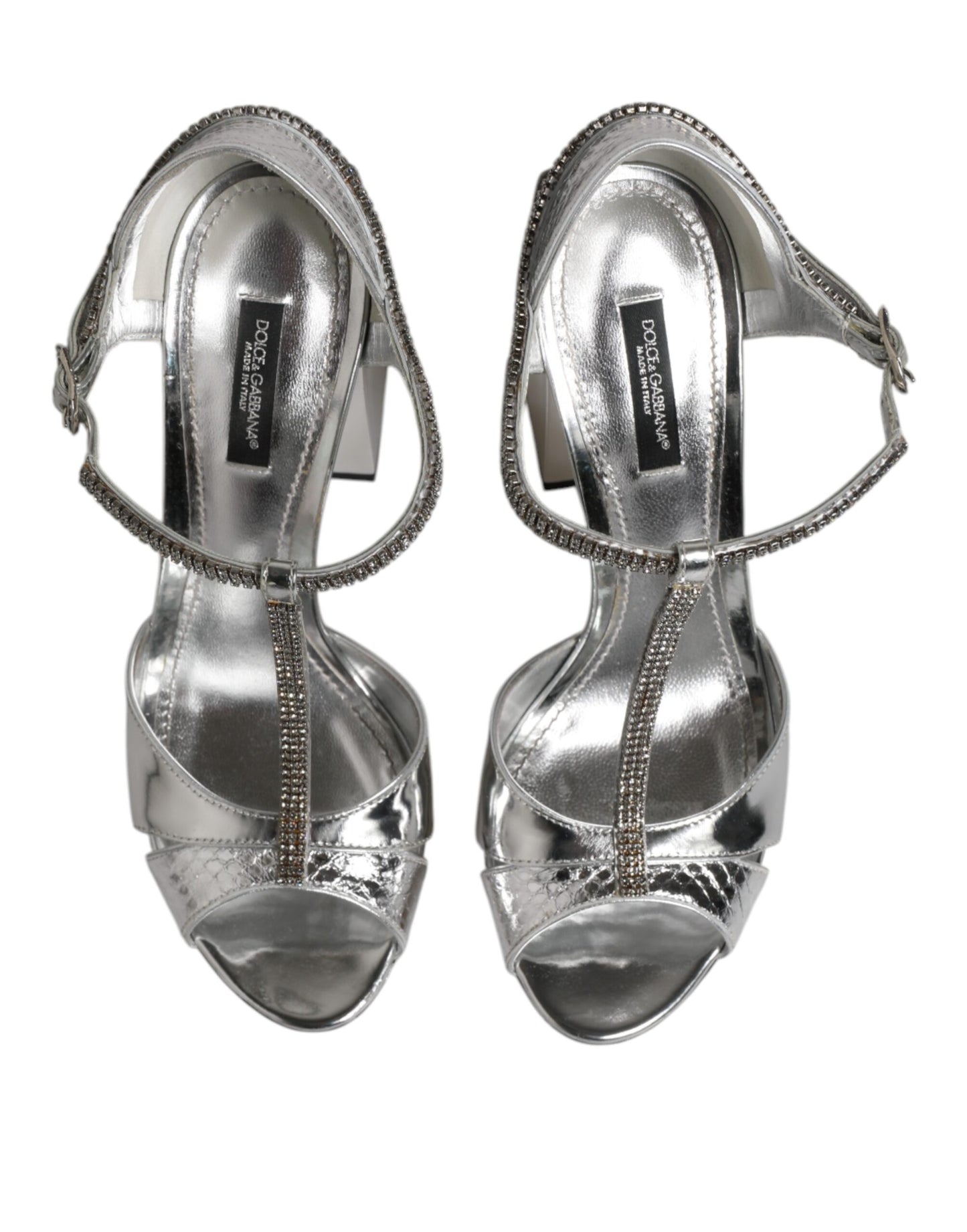 Dolce & Gabbana Silver Leather T-strap Heels Sandals Shoes