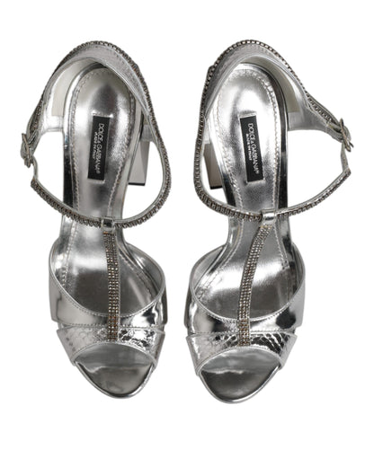 Dolce & Gabbana Silver Leather T-strap Heels Sandals Shoes