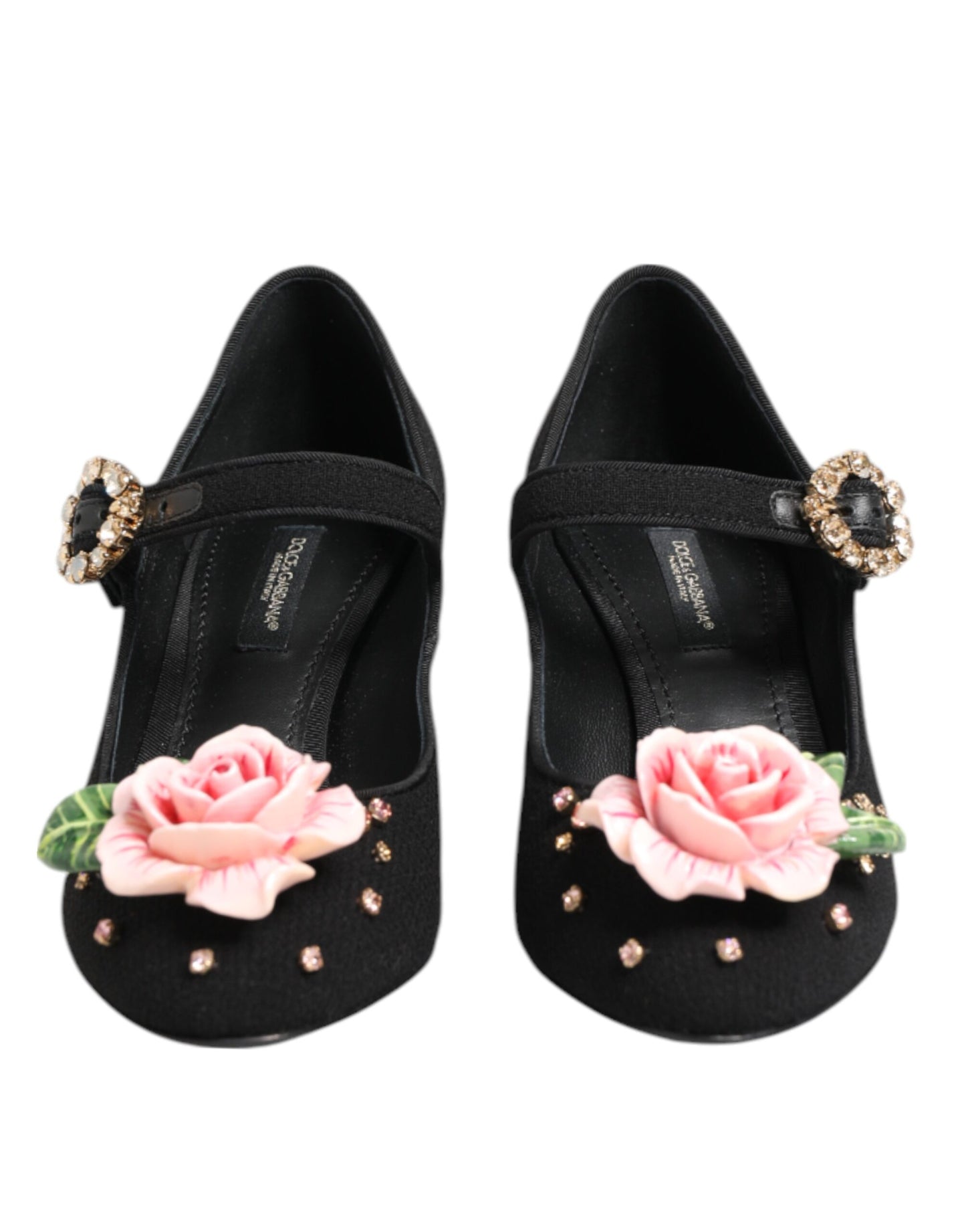 Dolce &amp; Gabbana – Schwarze Mary-Jane-Schuhe mit Blumen- und Kristallverzierung