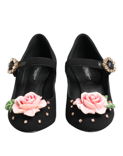 Dolce &amp; Gabbana – Schwarze Mary-Jane-Schuhe mit Blumen- und Kristallverzierung