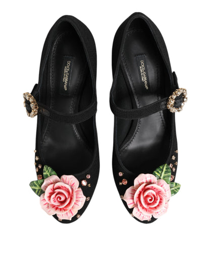Dolce &amp; Gabbana – Schwarze Mary-Jane-Schuhe mit Blumen- und Kristallverzierung