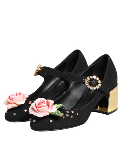 Dolce &amp; Gabbana – Schwarze Mary-Jane-Schuhe mit Blumen- und Kristallverzierung