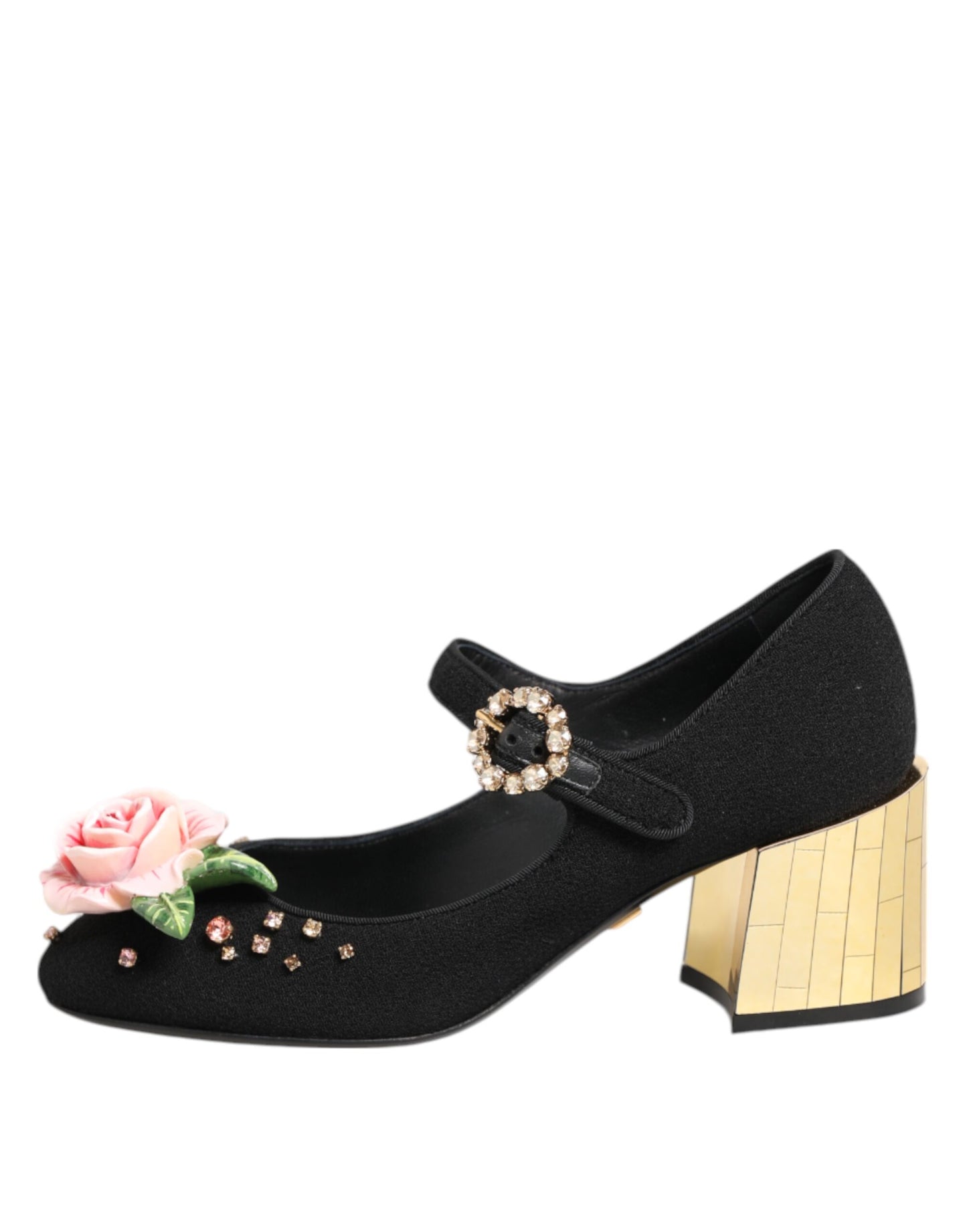 Dolce &amp; Gabbana – Schwarze Mary-Jane-Schuhe mit Blumen- und Kristallverzierung
