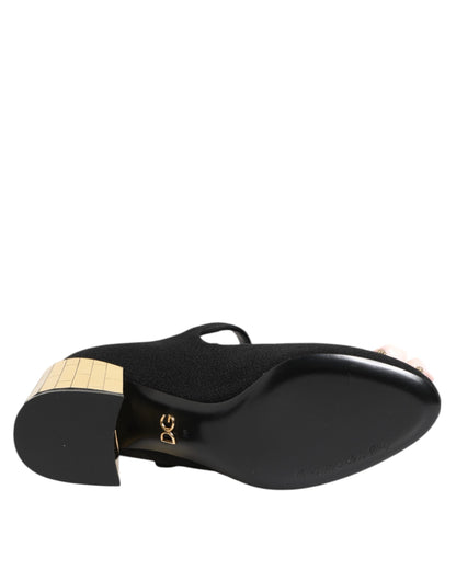 Dolce &amp; Gabbana – Schwarze Mary-Jane-Schuhe mit Blumen- und Kristallverzierung