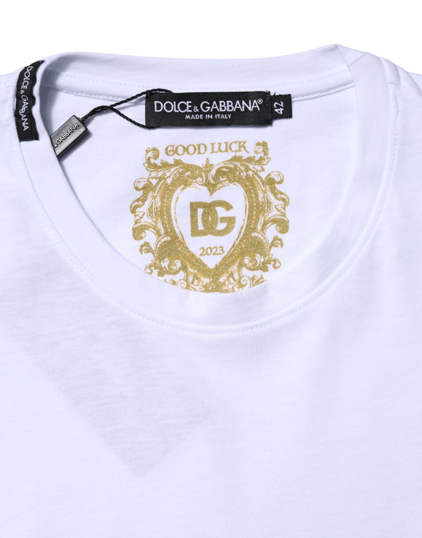 Dolce &amp; Gabbana – Weißes Goodluck 2023-T-Shirt aus Baumwolle mit Rundhalsausschnitt