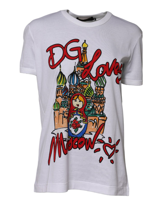 Dolce &amp; Gabbana – Weißes T-Shirt aus Baumwolle mit Rundhalsausschnitt „DG Loves Moscow“