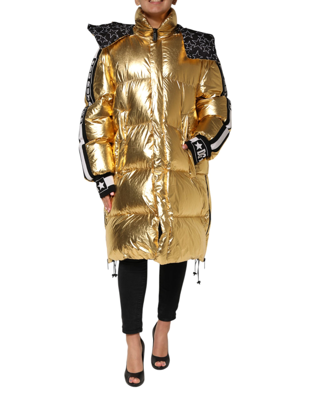 Dolce &amp; Gabbana – Gesteppte Pufferjacke mit durchgehendem Reißverschluss und Kapuze in Gold