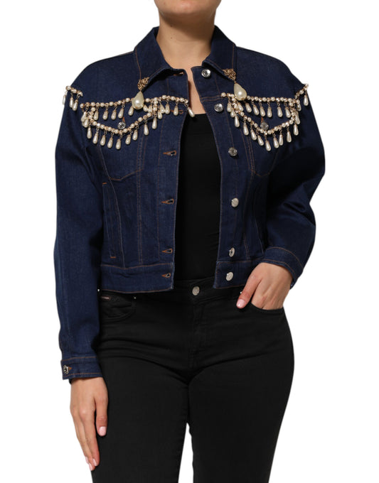 Dolce &amp; Gabbana – Blaue Jacke aus Baumwoll-Denim mit Kristallverzierung