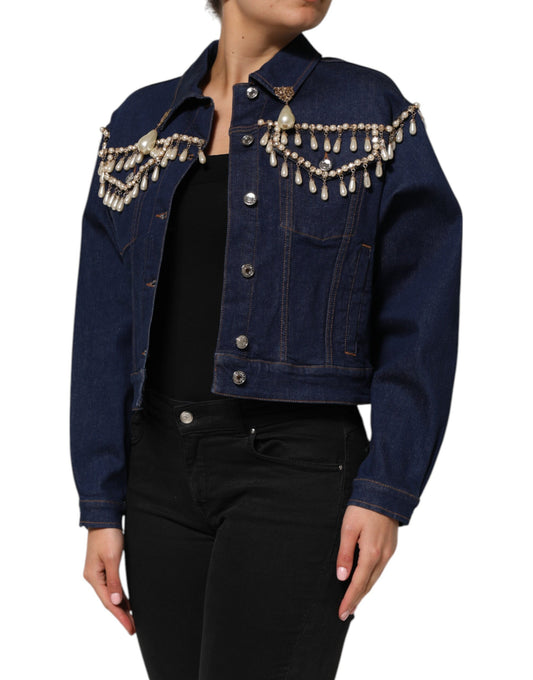 Dolce &amp; Gabbana – Blaue Jacke aus Baumwoll-Denim mit Kristallverzierung