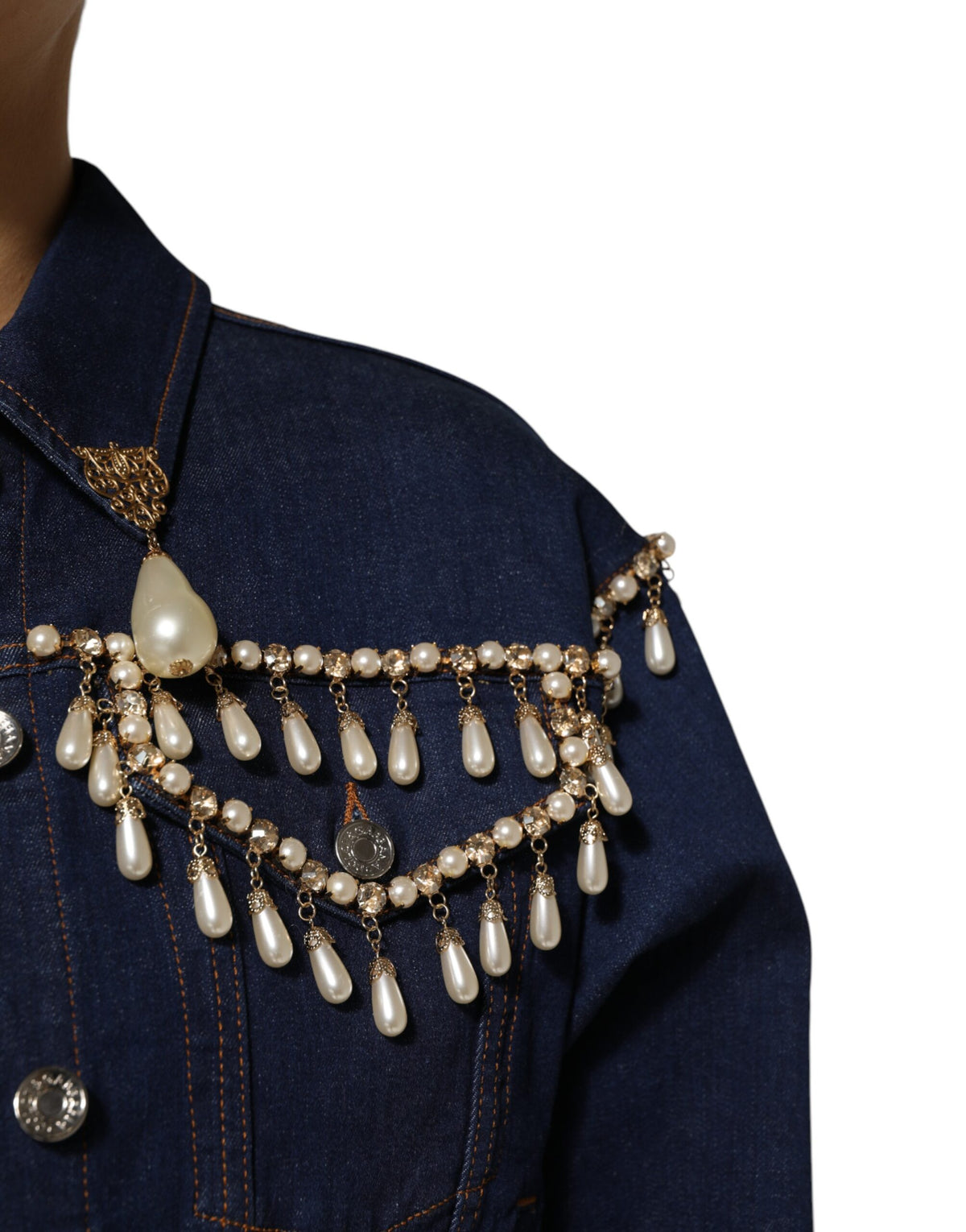 Dolce &amp; Gabbana – Blaue Jacke aus Baumwoll-Denim mit Kristallverzierung