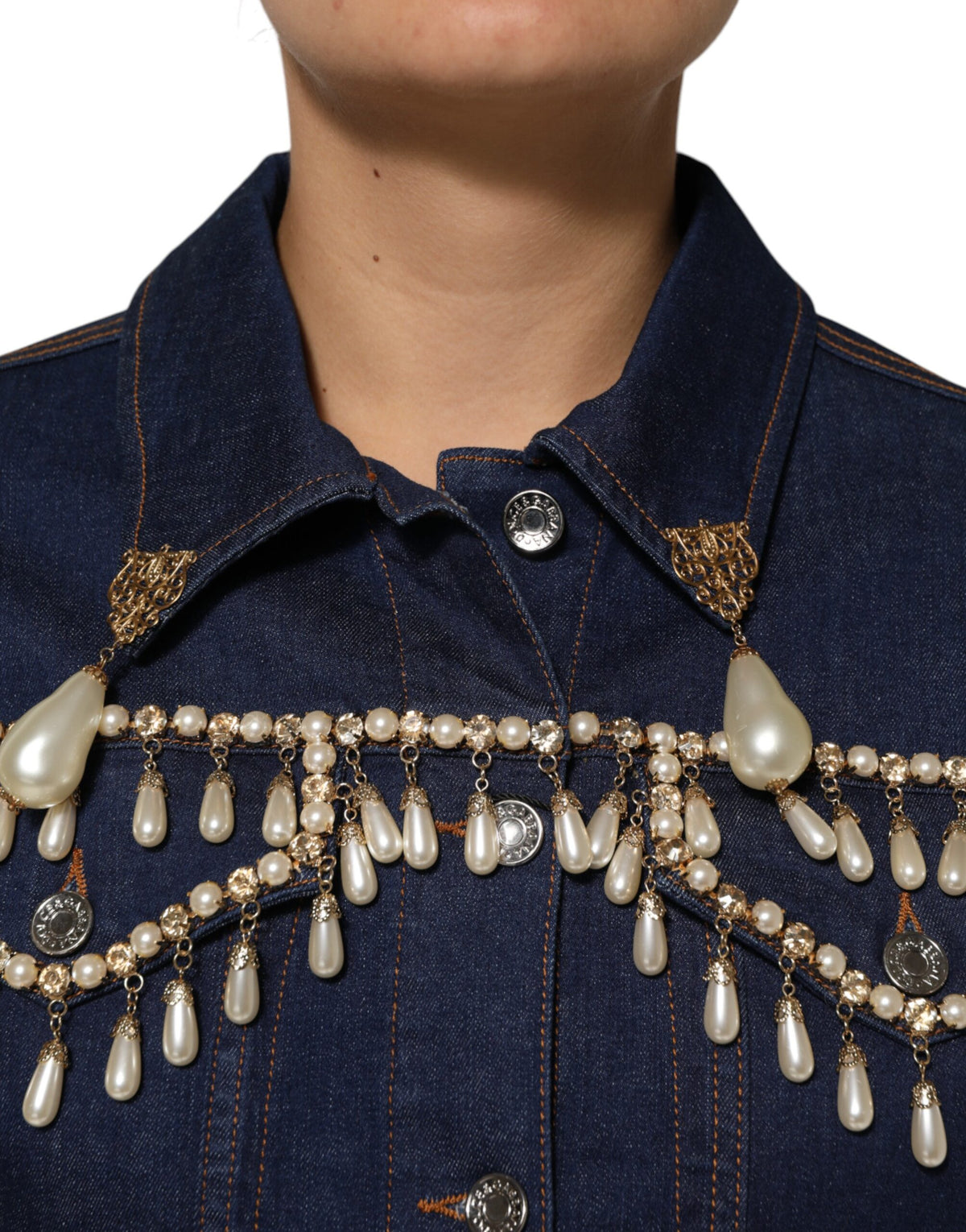 Dolce &amp; Gabbana – Blaue Jacke aus Baumwoll-Denim mit Kristallverzierung