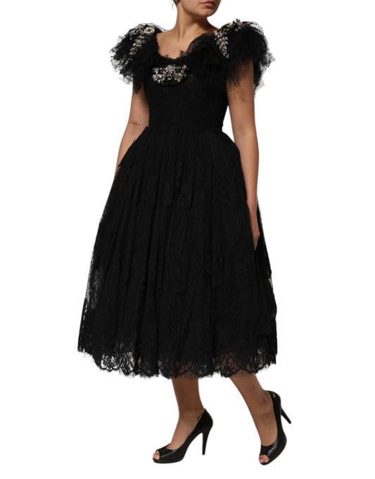 Dolce &amp; Gabbana Schwarzes, mit Kristallen verziertes Midikleid in A-Linie