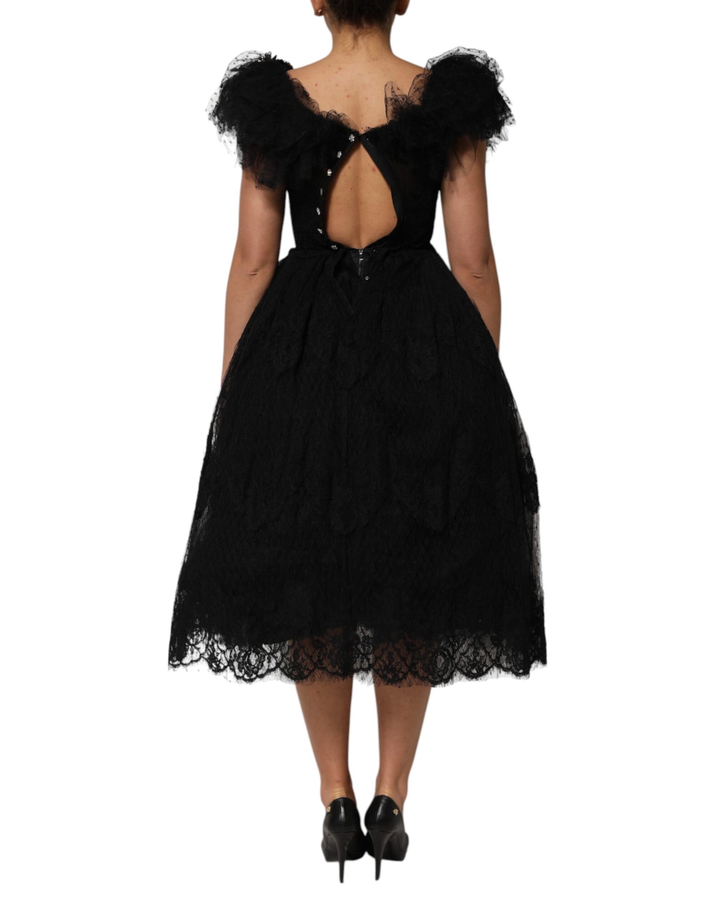 Dolce &amp; Gabbana Schwarzes, mit Kristallen verziertes Midikleid in A-Linie