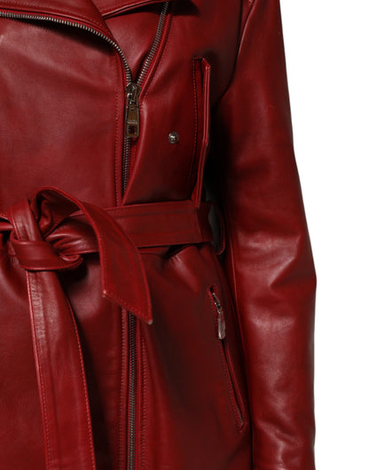 Dolce &amp; Gabbana – Trenchcoat-Jacke aus rotem Leder mit durchgehendem Reißverschluss und Gürtel