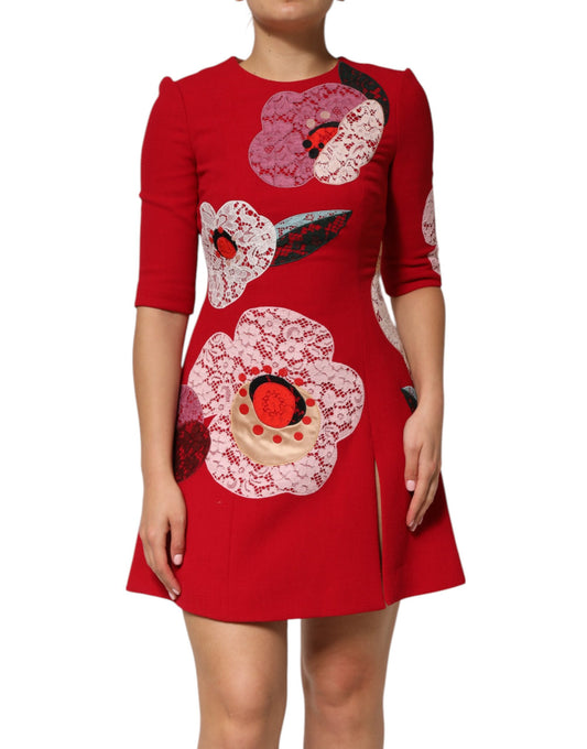 Dolce &amp; Gabbana – A-Linien-Minikleid mit roter Spitzen-Blumenapplikation