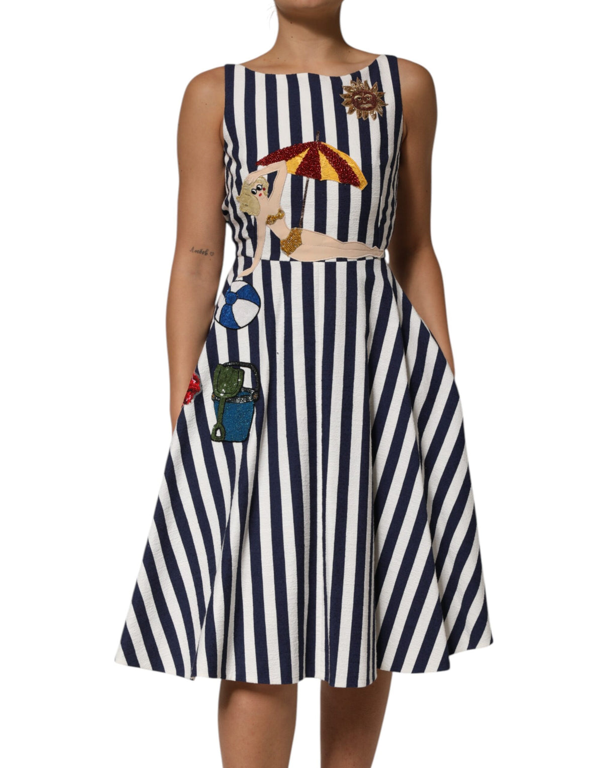 Dolce &amp; Gabbana Blau-weiß gestreiftes, besticktes A-Linien-Kleid