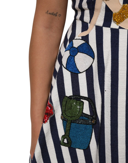 Dolce &amp; Gabbana Blau-weiß gestreiftes, besticktes A-Linien-Kleid