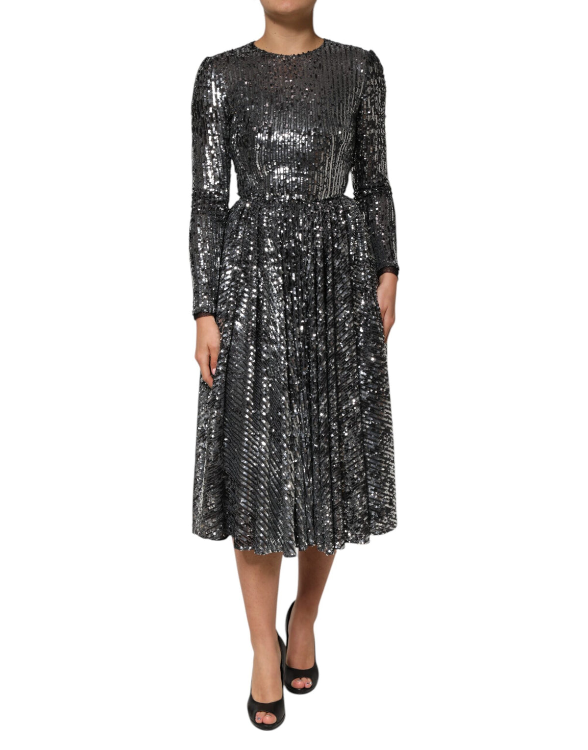 Dolce &amp; Gabbana – Schwarzes, langärmliges Midi-A-Linien-Kleid mit Pailletten