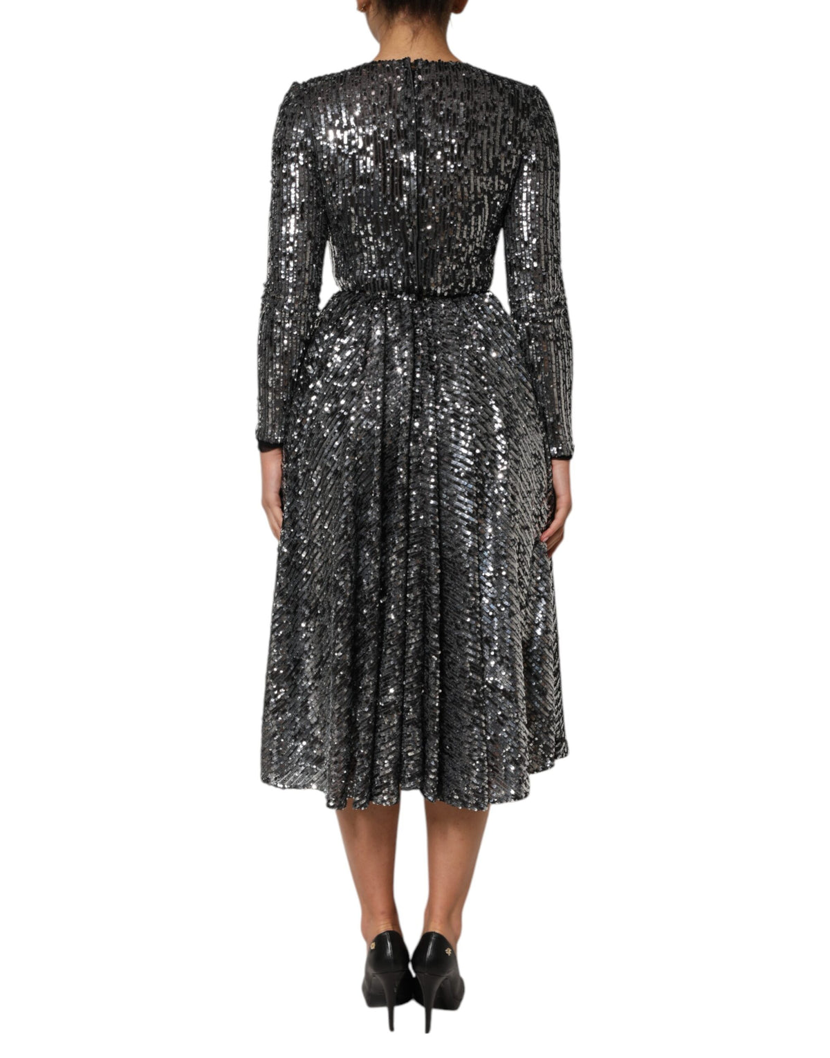 Dolce &amp; Gabbana – Schwarzes, langärmliges Midi-A-Linien-Kleid mit Pailletten