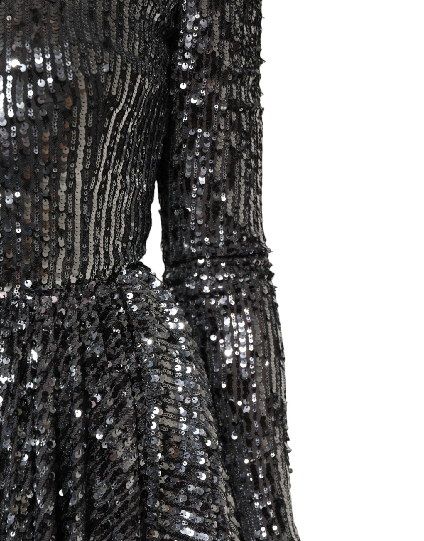Dolce &amp; Gabbana – Schwarzes, langärmliges Midi-A-Linien-Kleid mit Pailletten