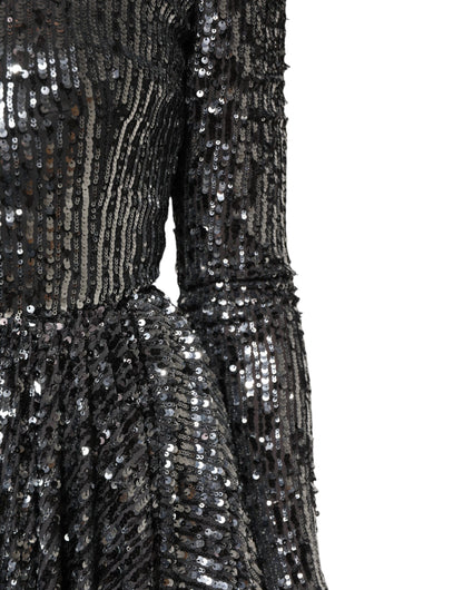 Dolce &amp; Gabbana – Schwarzes, langärmliges Midi-A-Linien-Kleid mit Pailletten