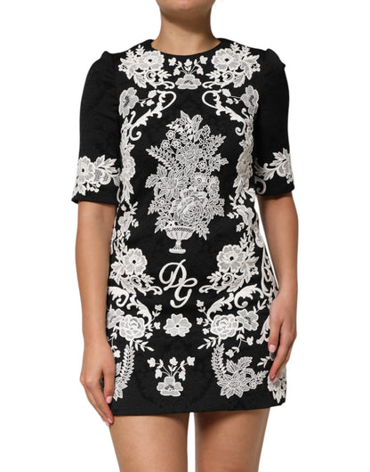 Dolce &amp; Gabbana – Schwarzes A-Linien-Kleid mit kurzen Ärmeln und Spitzenbesatz