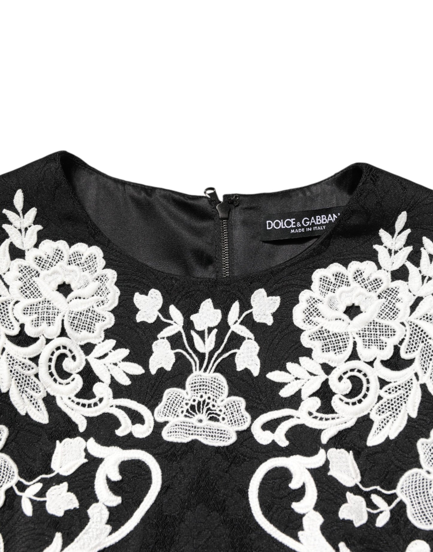 Dolce &amp; Gabbana – Schwarzes A-Linien-Kleid mit kurzen Ärmeln und Spitzenbesatz