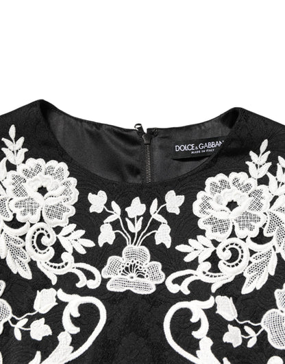 Dolce &amp; Gabbana – Schwarzes A-Linien-Kleid mit kurzen Ärmeln und Spitzenbesatz