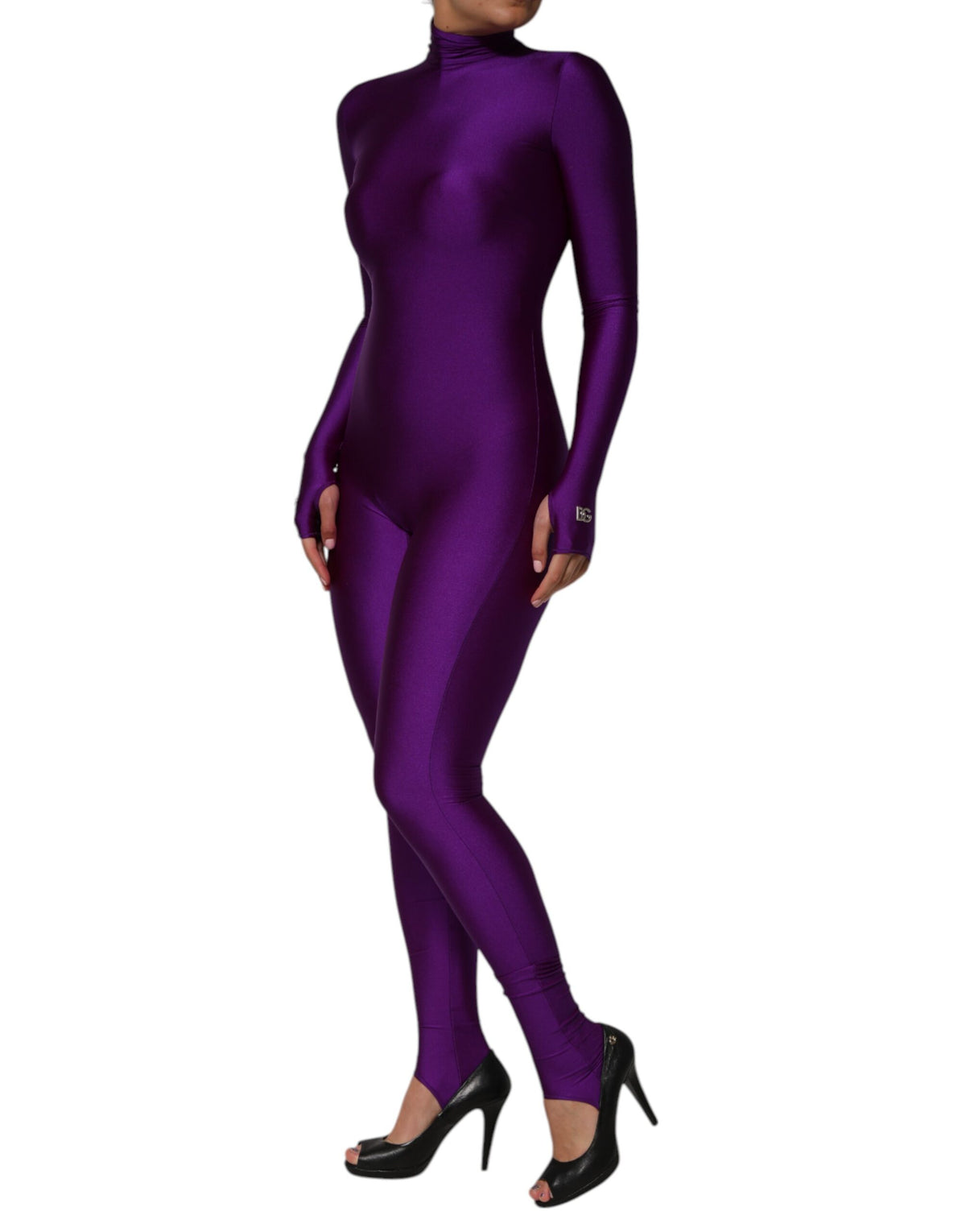 Dolce &amp; Gabbana, Lila, figurbetontes Jumpsuit-Kleid aus Nylon mit Rollkragen