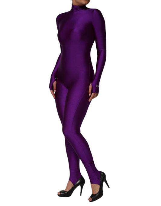 Dolce &amp; Gabbana, Lila, figurbetontes Jumpsuit-Kleid aus Nylon mit Rollkragen