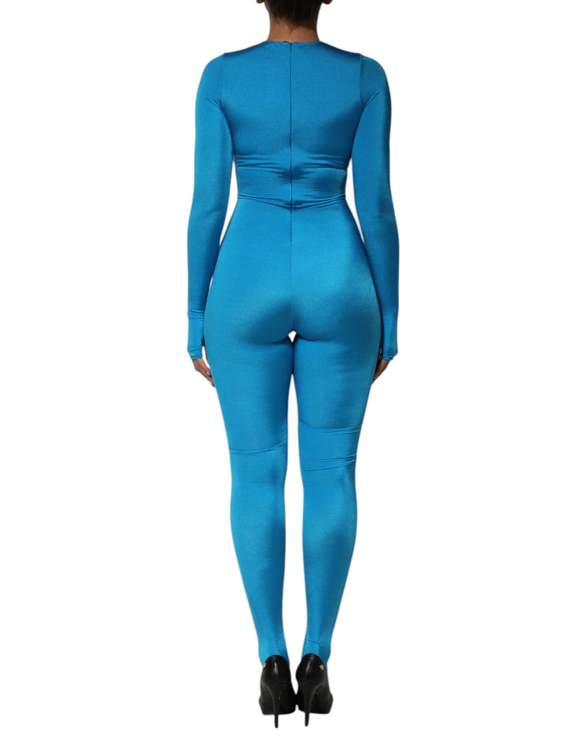 Dolce &amp; Gabbana, blaues, figurbetontes Jumpsuit-Kleid aus Nylon mit Rundhalsausschnitt