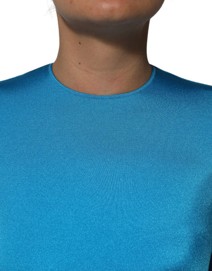 Dolce &amp; Gabbana, blaues, figurbetontes Jumpsuit-Kleid aus Nylon mit Rundhalsausschnitt