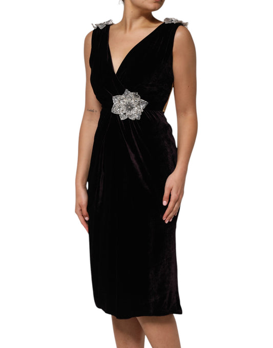 Dolce &amp; Gabbana – A-Linien-Kleid aus schwarzem Samt mit Blumenverzierung