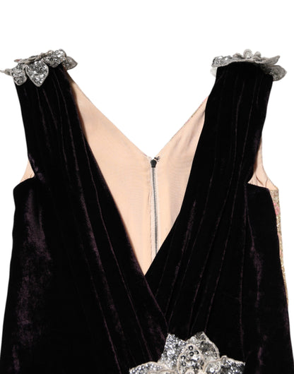 Dolce &amp; Gabbana – A-Linien-Kleid aus schwarzem Samt mit Blumenverzierung