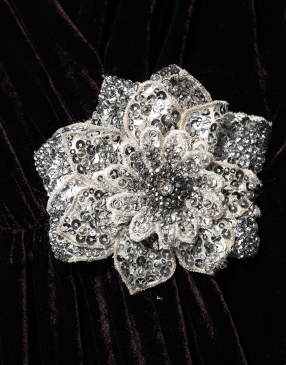 Dolce &amp; Gabbana – A-Linien-Kleid aus schwarzem Samt mit Blumenverzierung