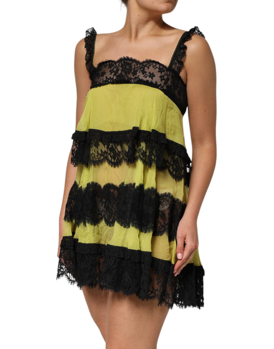 Dolce &amp; Gabbana Gelb-Schwarzes Babydoll-Chemise-Dessouskleid