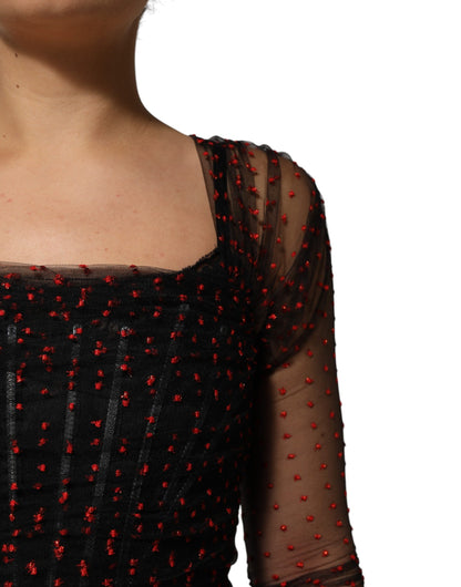Dolce &amp; Gabbana – Schwarzes, langärmliges Etui-Minikleid mit Spitzenbesatz