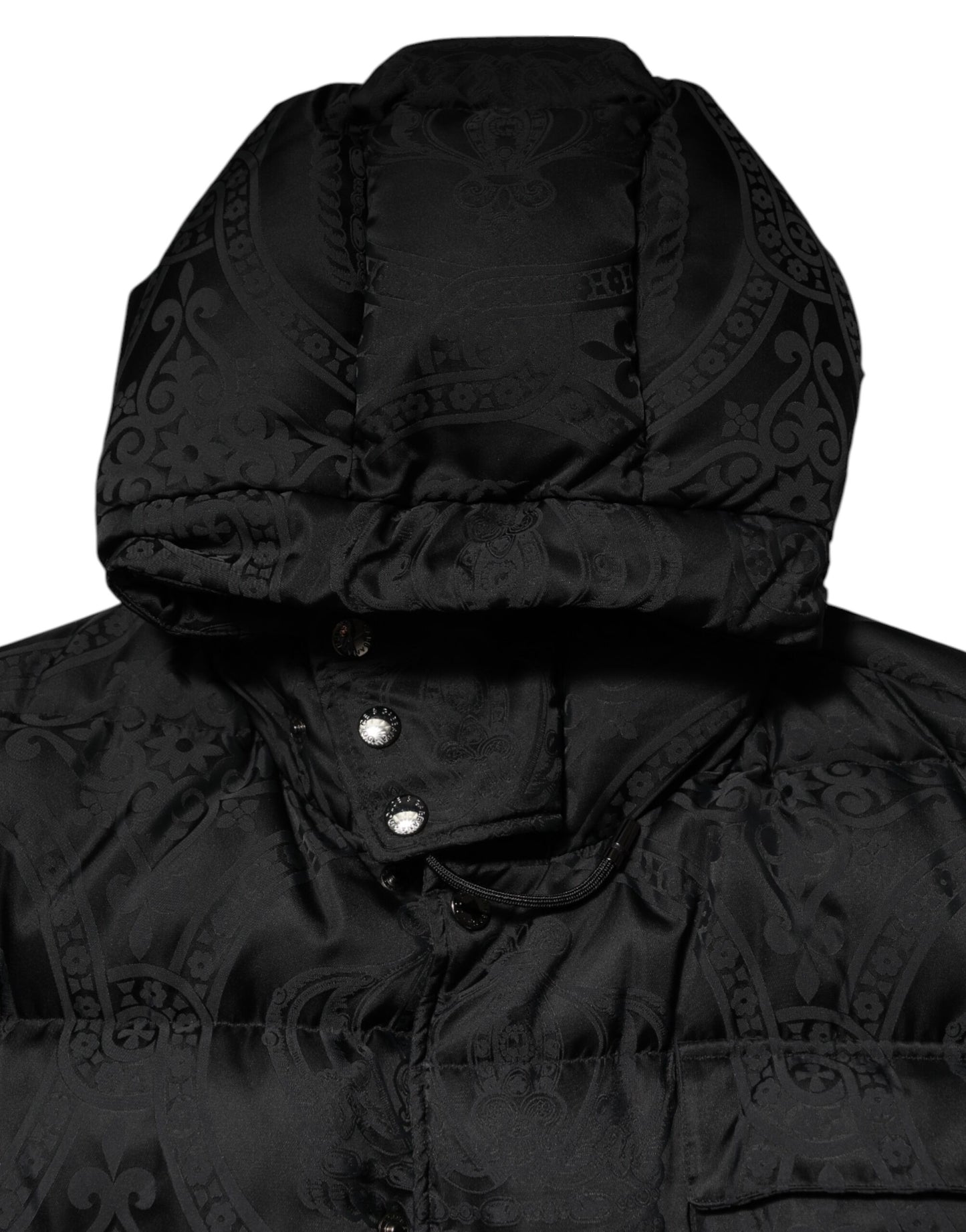 Dolce &amp; Gabbana – Schwarze, gesteppte Pufferjacke mit Kapuze aus Jacquard