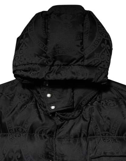 Dolce &amp; Gabbana – Schwarze, gesteppte Pufferjacke mit Kapuze aus Jacquard
