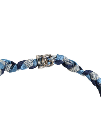 Dolce &amp; Gabbana Herrenarmband mit geflochtenem Logo und Perlen aus silbernem Metall in Blau und Weiß