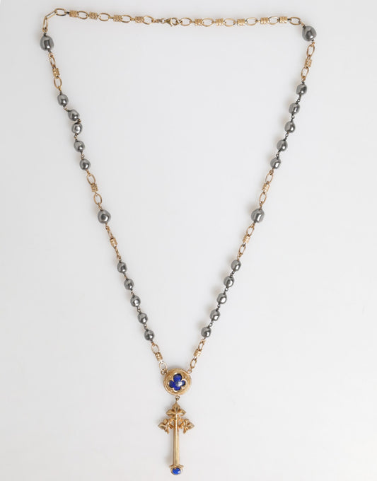Dolce &amp; Gabbana – Goldfarbene Halskette mit religiösem Kreuz und Perlenkette