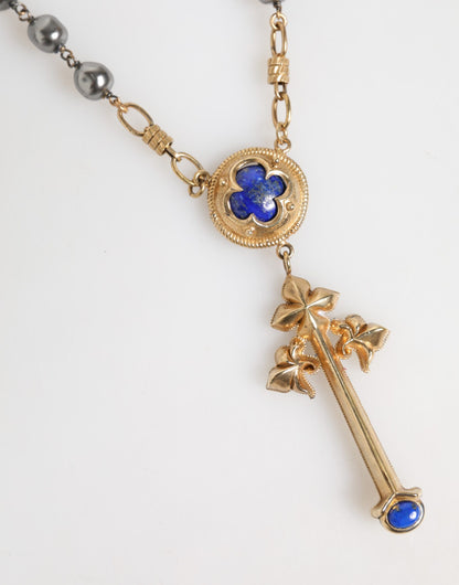 Dolce &amp; Gabbana – Goldfarbene Halskette mit religiösem Kreuz und Perlenkette
