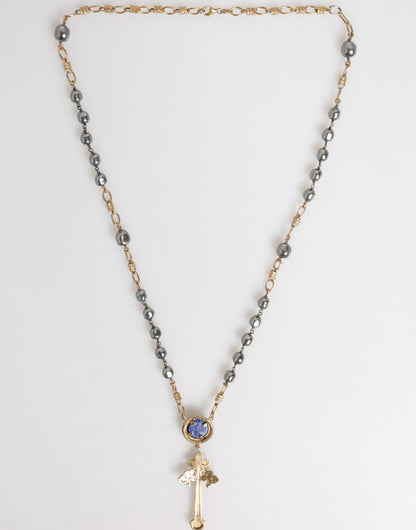 Dolce &amp; Gabbana – Goldfarbene Halskette mit religiösem Kreuz und Perlenkette