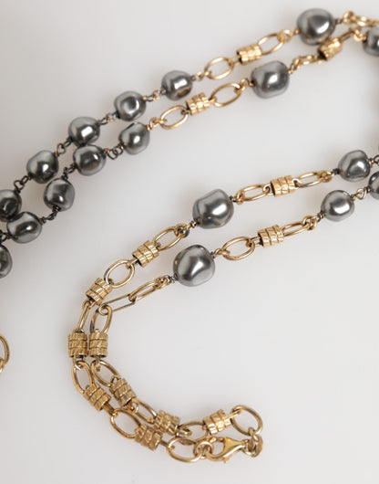 Dolce &amp; Gabbana – Goldfarbene Halskette mit religiösem Kreuz und Perlenkette