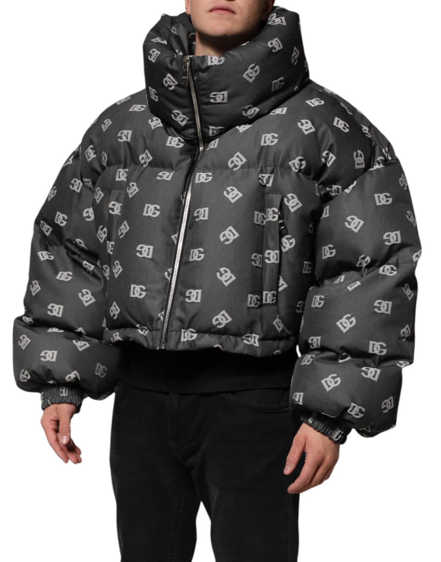 Dolce &amp; Gabbana Schwarze DG-Monogramm-Steppjacke mit durchgehendem Reißverschluss für Herren