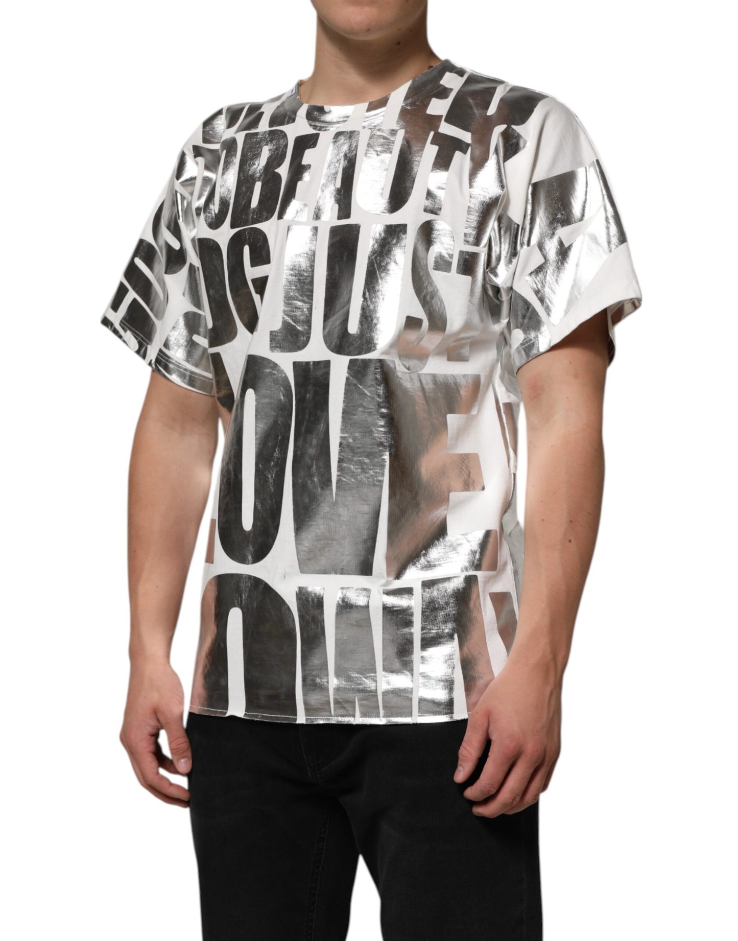 Dolce &amp; Gabbana – Weißes Baumwoll-T-Shirt mit Rundhalsausschnitt und Metallic-Print