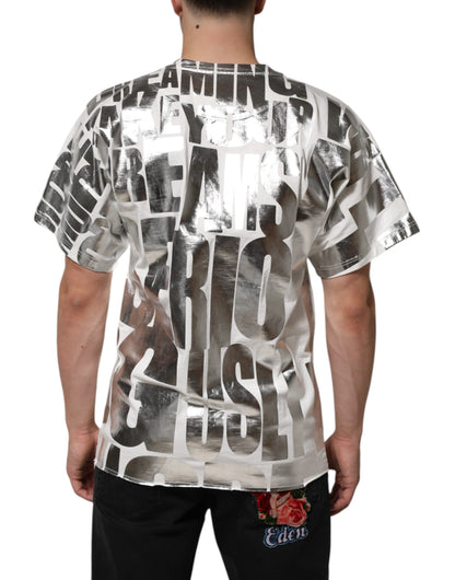 Dolce &amp; Gabbana – Weißes Baumwoll-T-Shirt mit Rundhalsausschnitt und Metallic-Print