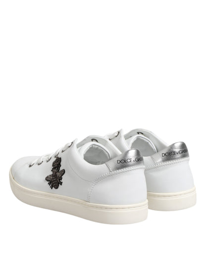 Dolce &amp; Gabbana Weiße Crown Bee Leder Low Top Sneakers Schuhe
